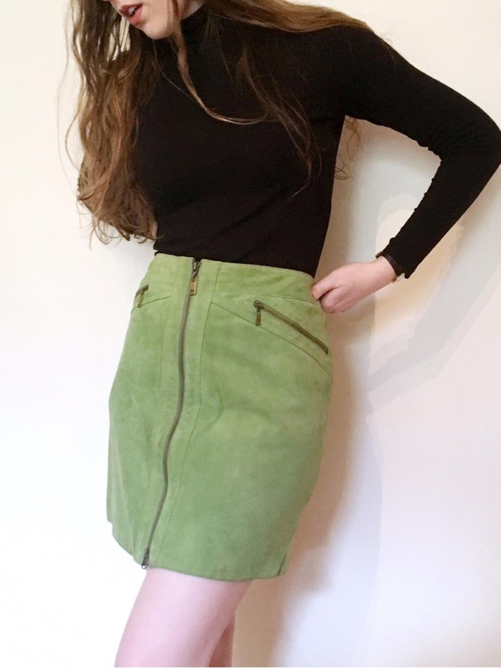 Michael Kors Lime Green Suede Zip-Front Mini Skirt 4